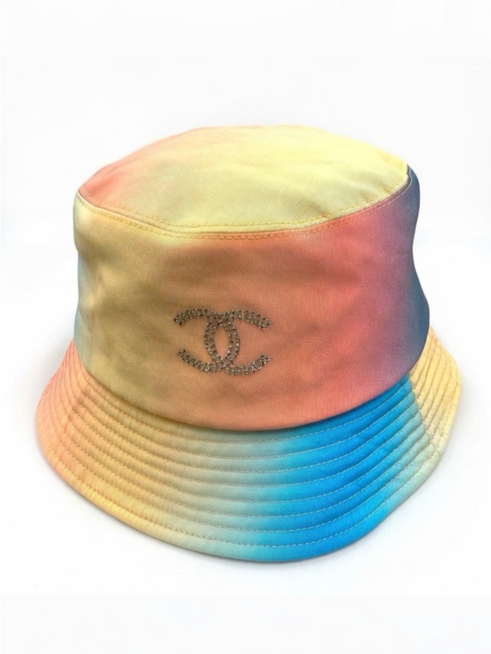 CHANEL Gradient Crystal CC Bucket Hat - Yellow Pink Blue Summer Great Condition